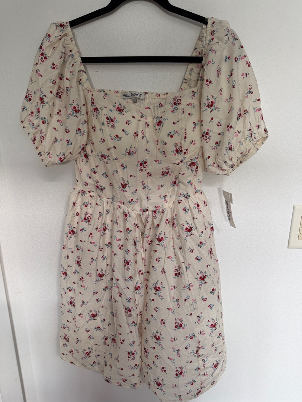 Wallflower Cream Mini Dress with Red Floral Print and Puff Sleeves